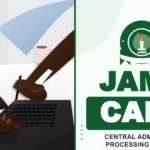 A student reviewing admission status details on a laptop screen using the JAMB CAPS portal dashboard.