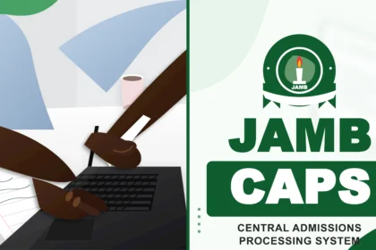 A student reviewing admission status details on a laptop screen using the JAMB CAPS portal dashboard.