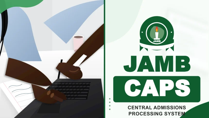 A student reviewing admission status details on a laptop screen using the JAMB CAPS portal dashboard.