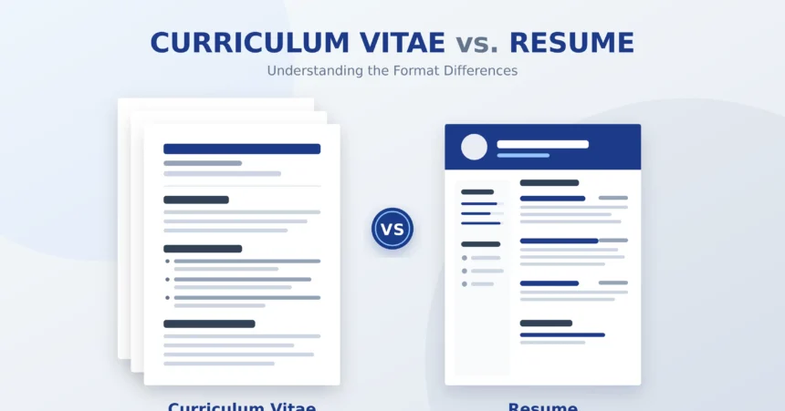 Comparison of a curriculum vitae and a resume showing differences in length and sections