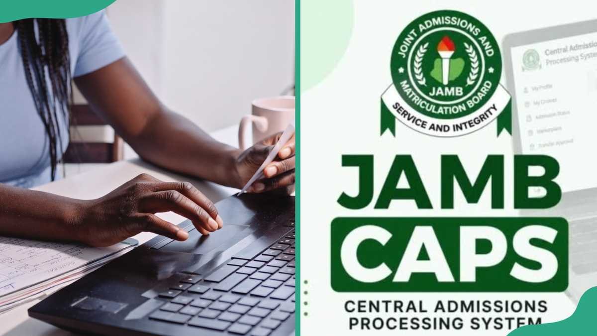 A student reviewing admission status details on a laptop screen using the JAMB CAPS portal dashboard.